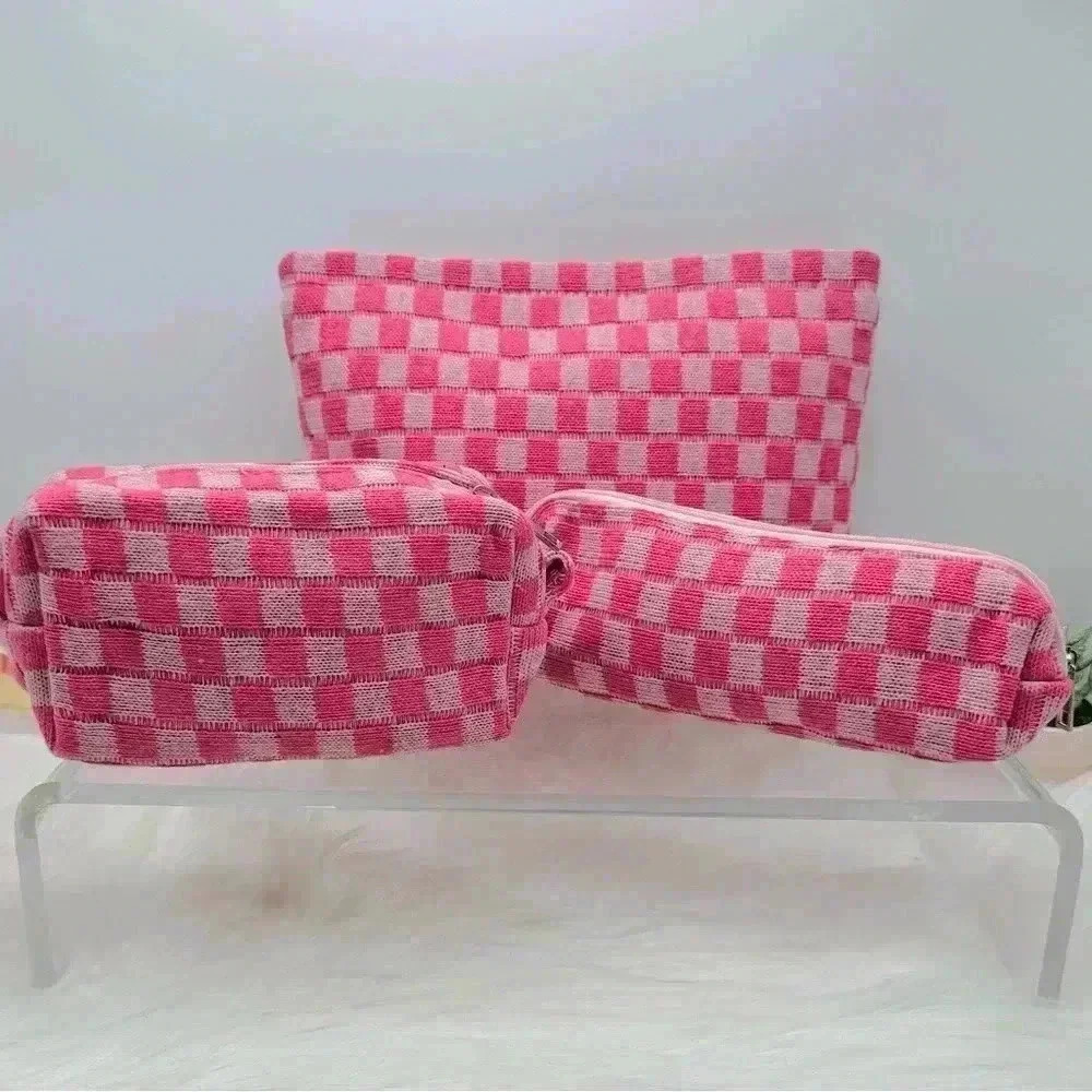 Pink Checkered Bundle Travel Cosmetic and or Pencil Pouches